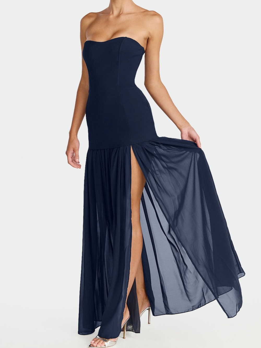 NWT REVOLVE Australia Showpo Joycelyn Navy Strapless Split Maxi Dress US 6 - Picture 3 of 11